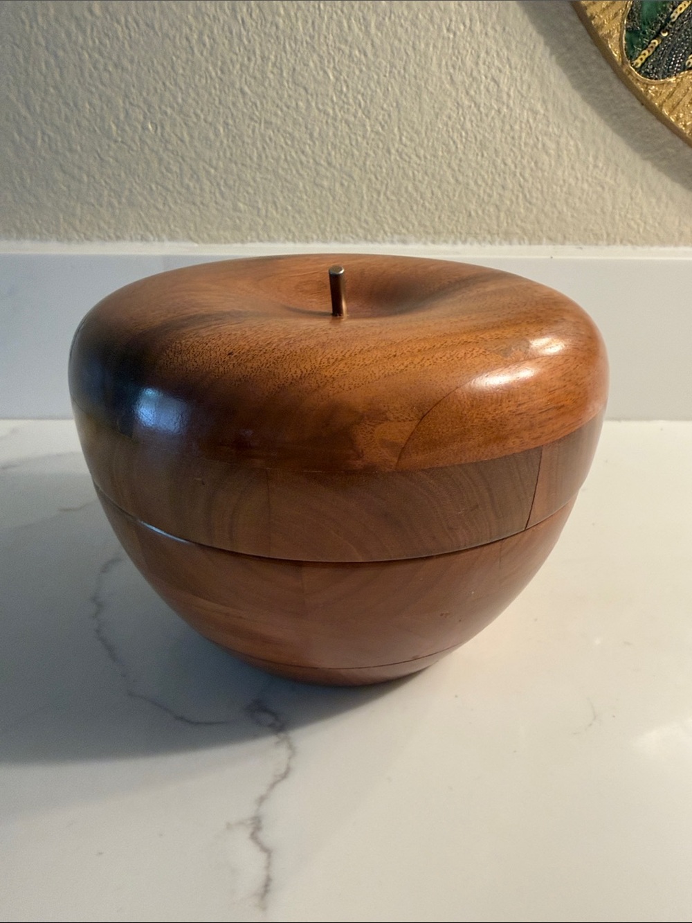 Vintage Hand Turned Wooden Apple Bowl with Lid Brass Stem